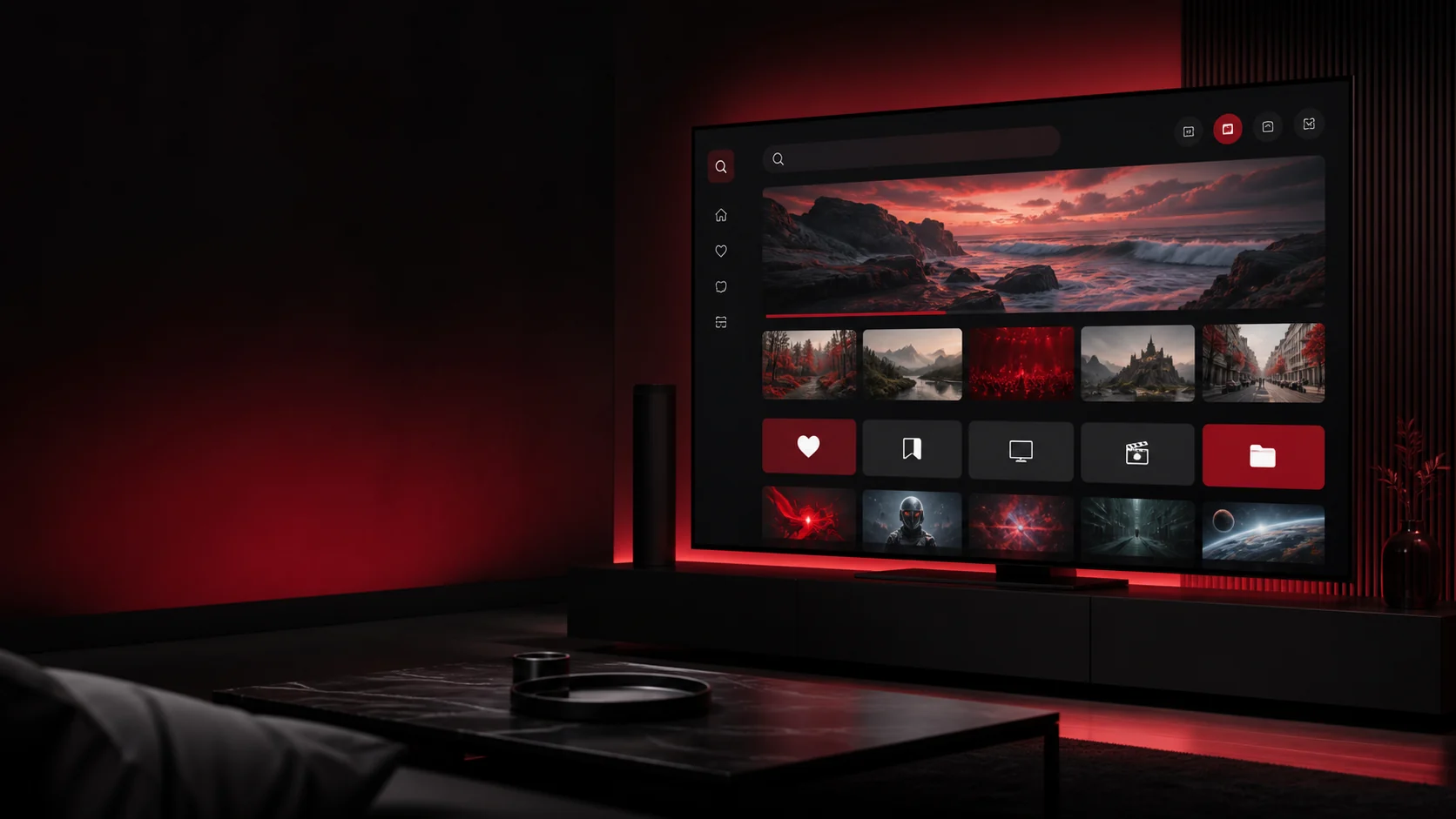 Experiência de vídeos em uma televisão com busca e favoritos